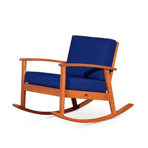 Natural Oil Eucalyptus Wood Outdoor Rocking Chair, All Weather Chair for relaxing with Navy Blue Cushions