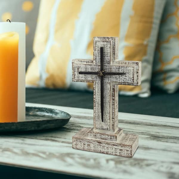 Stonebriar Collection 5.5 in. x 9 in. White Wooden Pedestal Cross with Metal Details