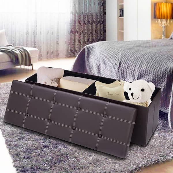 Brown 45 in. x 15 in. x 15 in. Large Folding Storage Faux Leather Ottoman Pouffe Box Stool