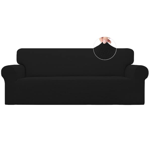 Angel Sar Black Polyester Stretch Sofa Slipcover with Elastic Bottom for Kids, Polyester Spandex Jacquard Fabric Small Checks