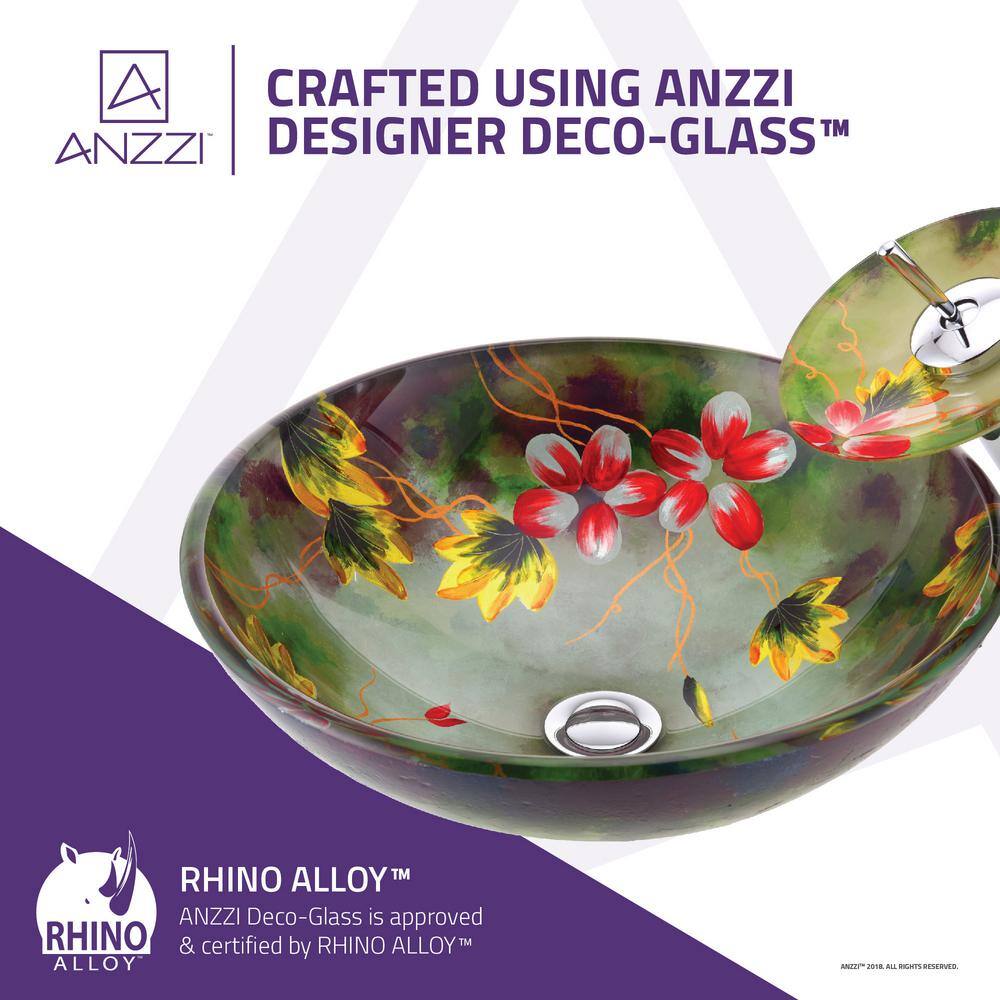 Hand-Painted Green Floral Glass Bathroom Vessel Sink