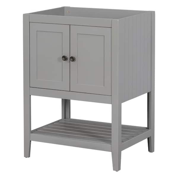 FUNKOL 23.7 in. W. x 17.8 in. D x 33 in. H Solid Wood Frame Bath Vanity Cabinet without Top with 2-Door, Open Shelf in Gray