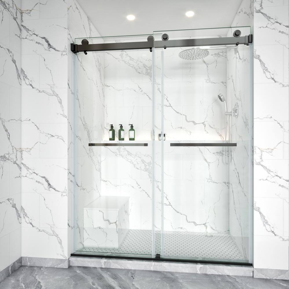 68-73 in. W x 80 in. H Double Sliding Frameless Shower Door in Matte Black with 3/8 in. Clear SGCC Glass with Towel Bar price history on PriceWatchPro