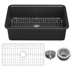 Black Fireclay 32 in Single Bowl Dual Mount Kitchen Sink with Bottom Grid and Basket Strainer