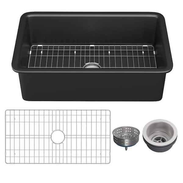 Kuomih Black Fireclay 32 in Single Bowl Dual Mount Kitchen Sink with Bottom Grid and Basket Strainer