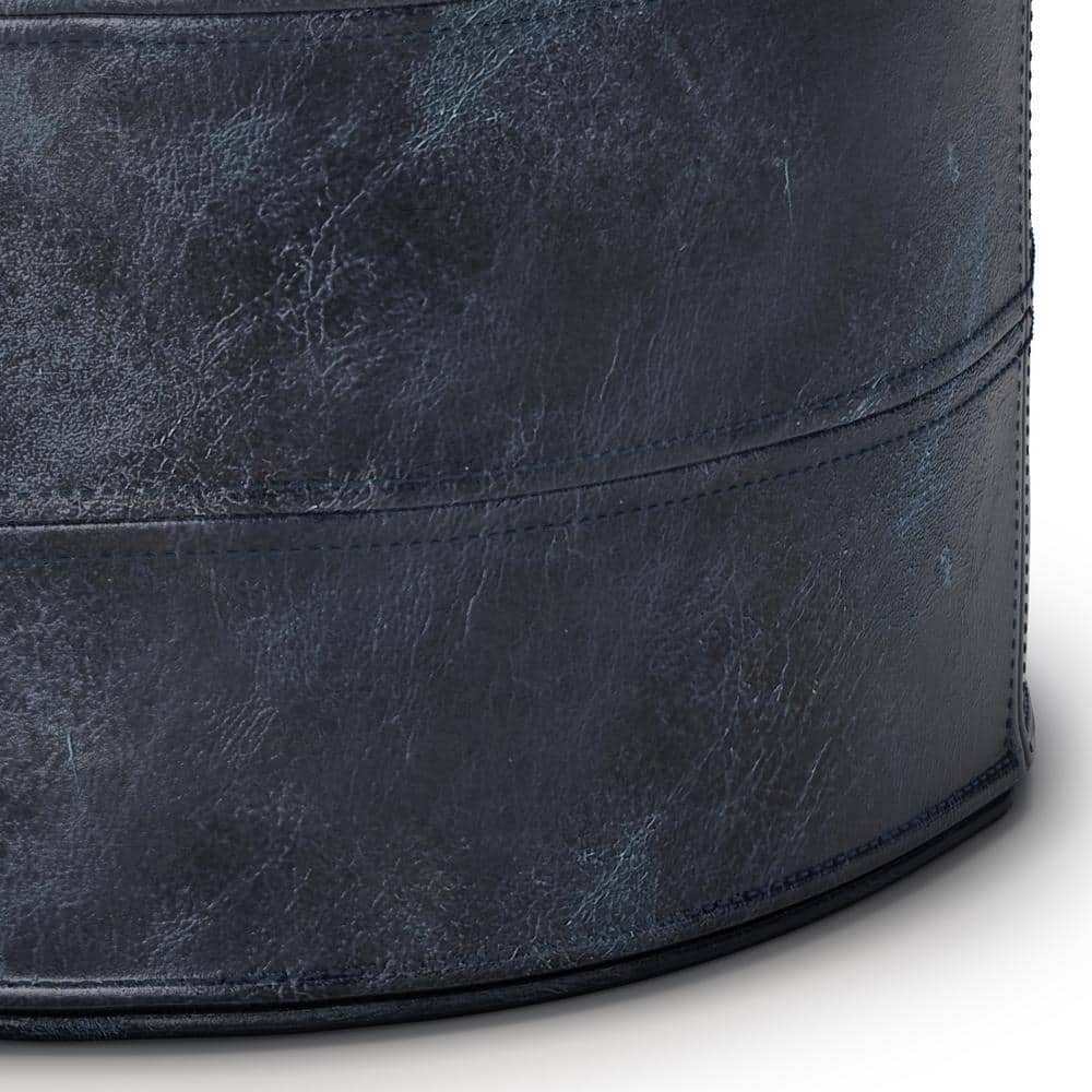 Connor Distressed Navy Blue Genuine Leather Round Pouf