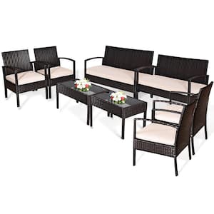 8-Piece Patio Wicker Rattan Set Sectional Sofa Glass Table with White Cushions