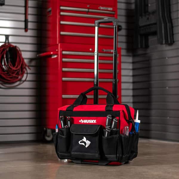 Husky 18 in. 18-Pocket Red Rolling Tool Bag with Telescoping