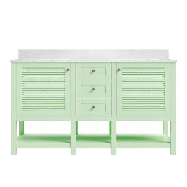 60 in. Double Sink Freestanding Light Green Wood Bath Vanity with White Engineered Marble Top (Assembled)