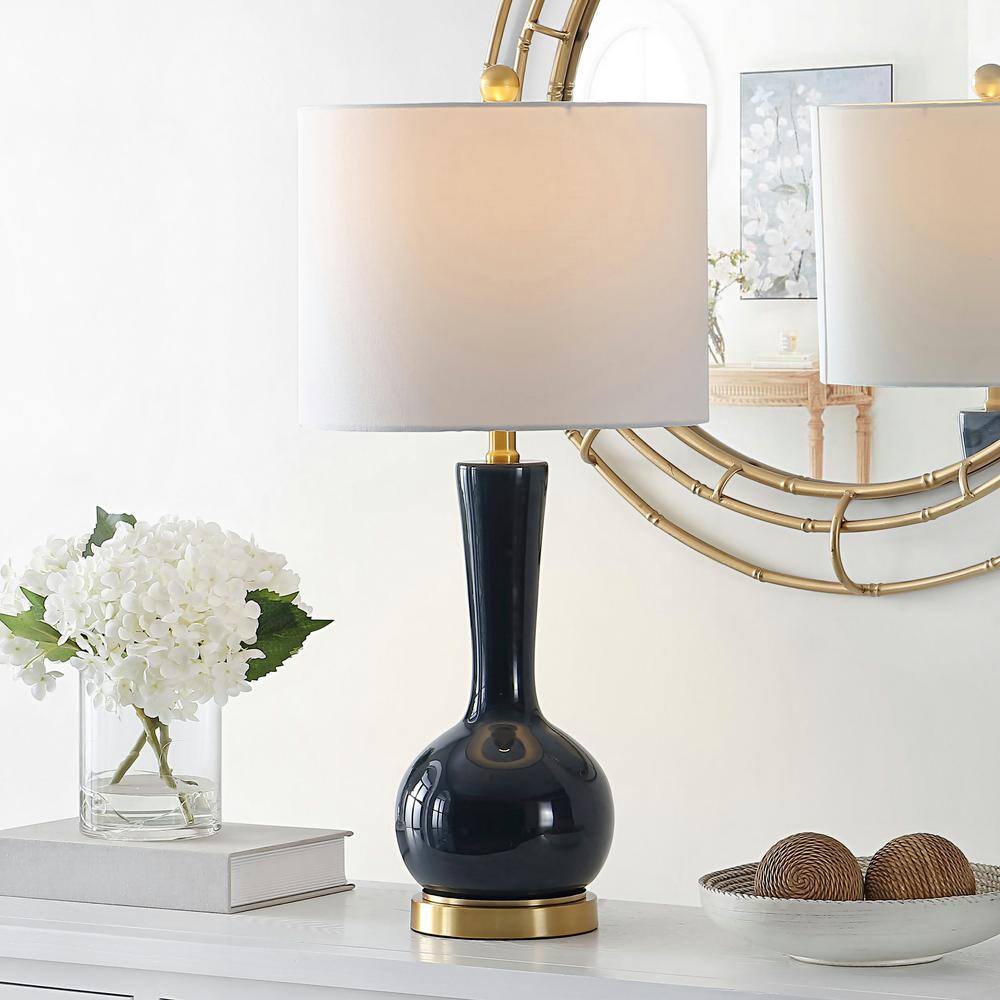 Gaetna Navy Glass Table Lamp with White Drum Shade
