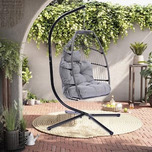 76 in. Egg Shape Bracket Outdoor Patio Wicker Rattan Steel Swing Chair with Grey Cushion and Pillow