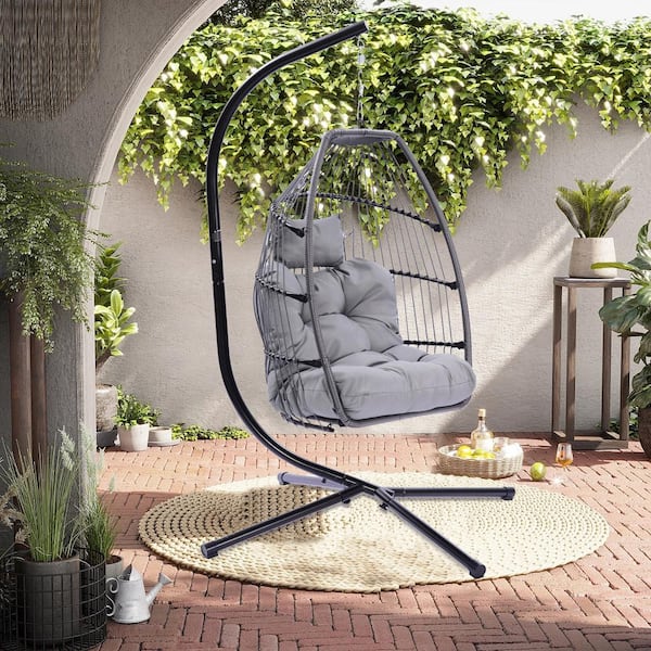 Satico 76 in. Egg Shape Bracket Outdoor Patio Wicker Rattan Steel Swing Chair with Grey Cushion and Pillow