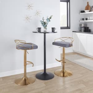 Charlotte Glam 32.75 in. Grey Velvet and Gold Metal Adjustable Bar Stool with Rounded T Footrest (Set of 2)