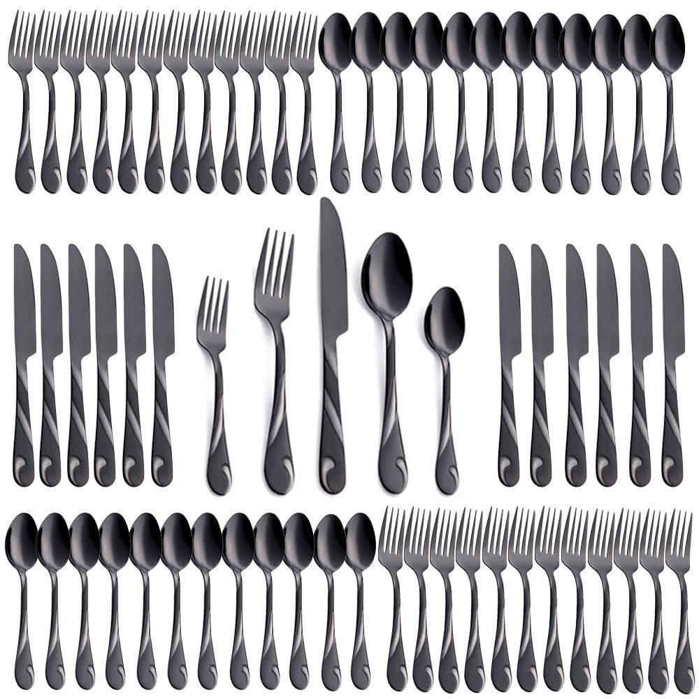 60-Piece Black Stainless Steel Flatware Set with Mirror Finish, Service for 12 price history on PriceWatchPro