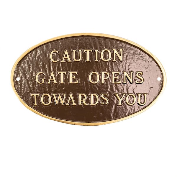 Montague Metal Products 10 in. x 18 in. Large Oval Caution Gate Opens Towards You Statement Plaque Sign - Oil Rubbed/Gold