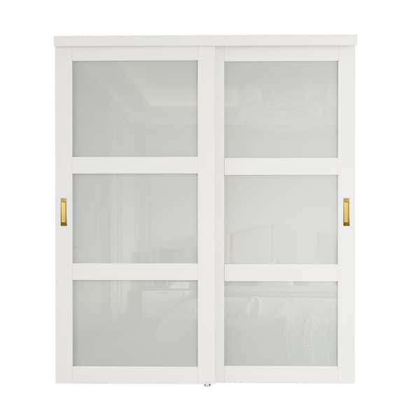 ARK DESIGN 72 in. x 80 in. 3-Lite Frosted Glass White Finished MDF Closet Sliding Door with Hardware and No Grooving Black Handles