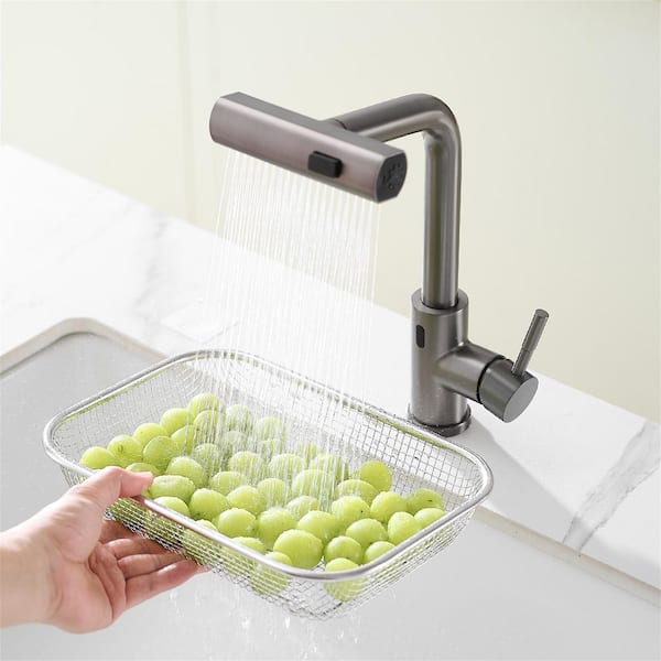 Gun Grey 304 Stainless Steel Single Handle Waterfall Pull Out Sprayer Kitchen Faucet with 360°Swivel