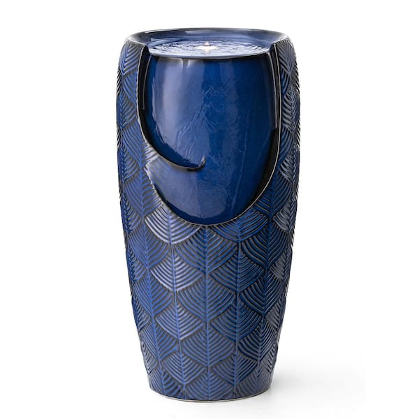 Glitzhome 29.25 in. H Outdoor Oversized Cobalt Blue Scale-Like Textured Glaze Ceramic Pot Floor Fountain with LED Light