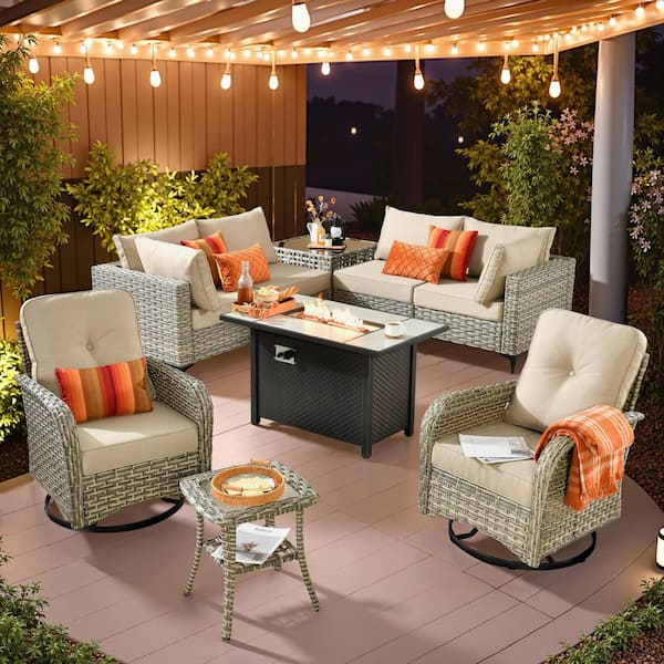 XIZZI Vintage 9 Pieces Wicker Outdoor Patio Rectangular Fire Pit Set and Swivel Rocking Chairs with Beige Cushions