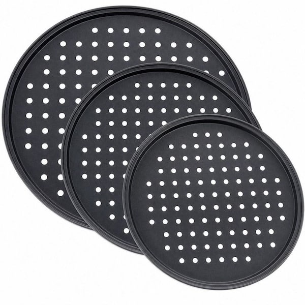 3 Pieces Black Carbon Steel 9 in. 10 in. 12 in. Pizza Pan Set with Holes, Oven Baking Supplies Home Kitchen Restaurant
