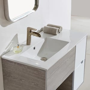 36 in W x 18in.D x 24in.H Contemporary White+ Gray Wood Grain Wall Mounted Bathroom Vanity with White Ceramic Sink Top