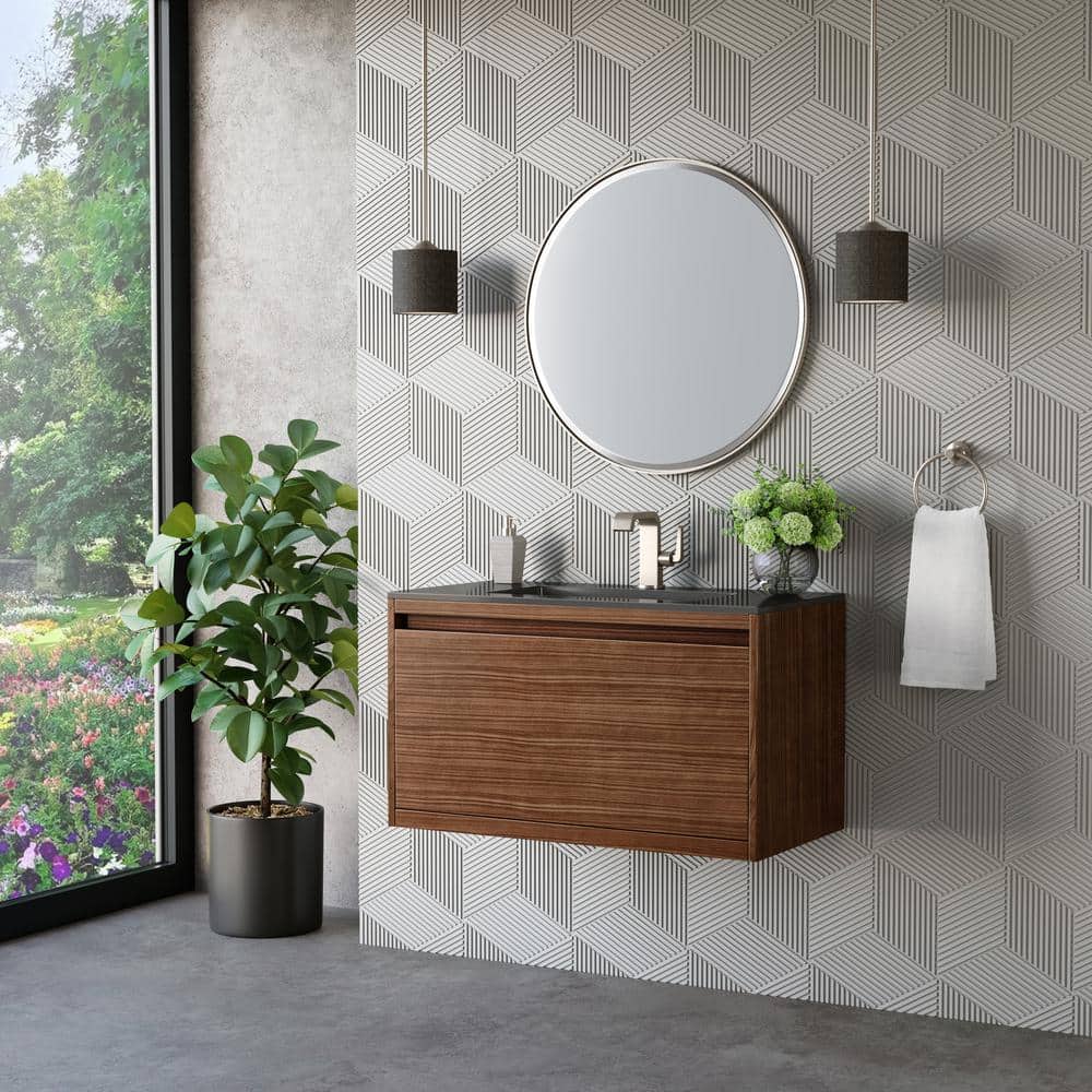Mantova 35.4" Mid-Century Walnut and Charcoal Black Wall-Mount Vanity