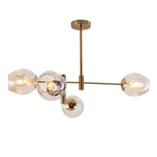 OUKANING 33 in. 4-Light Gold Mid-Century Island Pendant Light with Glass Shade, No Bulbs Included