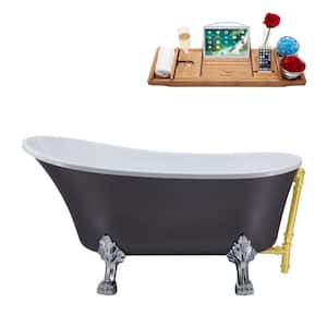 55 in. Acrylic Clawfoot Non-Whirlpool Bathtub in Matte Grey With Polished Chrome Clawfeet And Brushed Gold Drain