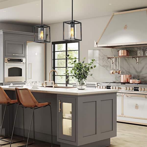 Matte Black Mini Bubble Glass Pendant Light for Kitchen Island 1-Light Industrial Seeded Cylinder Glass Hanging Lighting