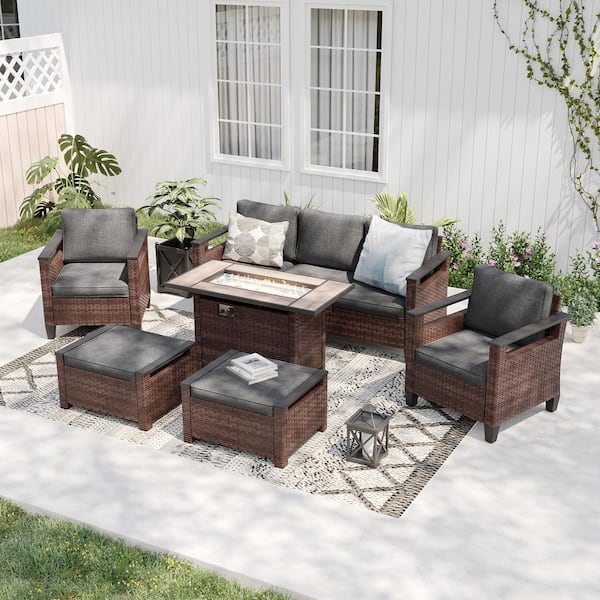 Sonkuki 6 Pieces Brown Wicker Black Cushion Patio Conversation Set with Rectangle Firepit Table and Ottomans