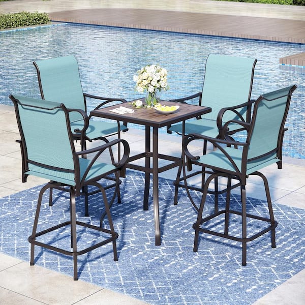 PHI VILLA 5-Piece Metal Bar Height Outdoor Dining Set with Sling Swivel Chairs