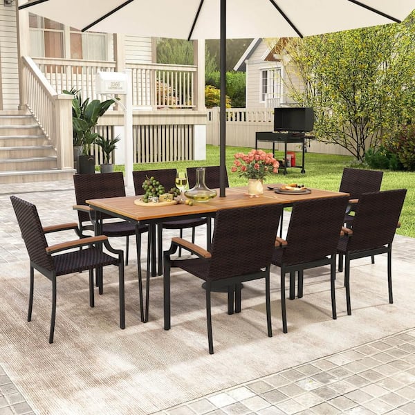 9Pieces Patio Dining Set with 79 in. Rectangular Dining Table and 8 Stackable Rattan Chairs