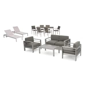 Cape Coral Silver 13-Piece Aluminum Patio Conversation Set with Khaki Cushions