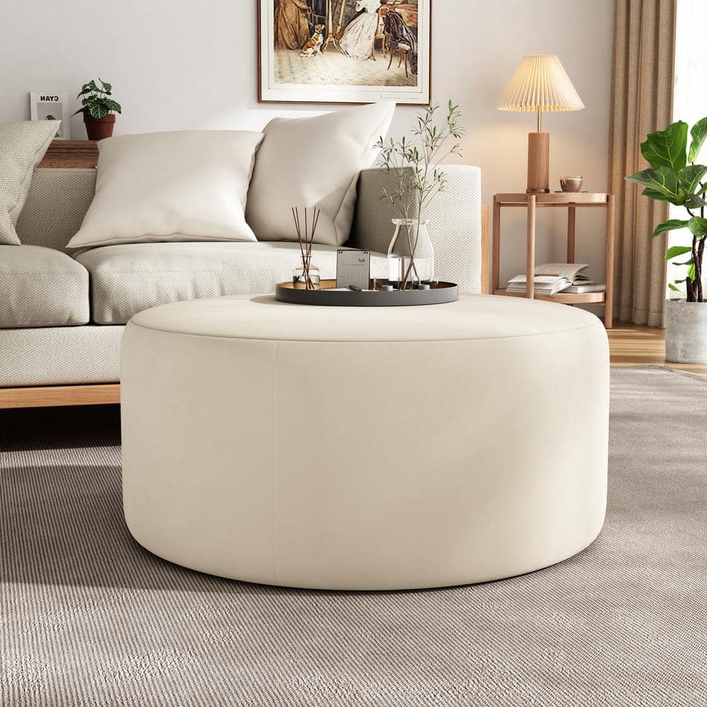 Cream Soft Velvet Modern Round Accent 30 in. Ottoman, No Assembly Required