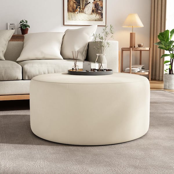 CHRISTOPHER KNIGHT HOME Cream Soft Velvet Modern Round Accent 30 in. Ottoman, No Assembly Required