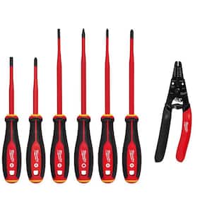 1000-Volt Insulated Slim Tip Screwdriver Set with 20-32 AWG Low Voltage Dipped Grip Wire Stripper and Cutter (7-Piece)