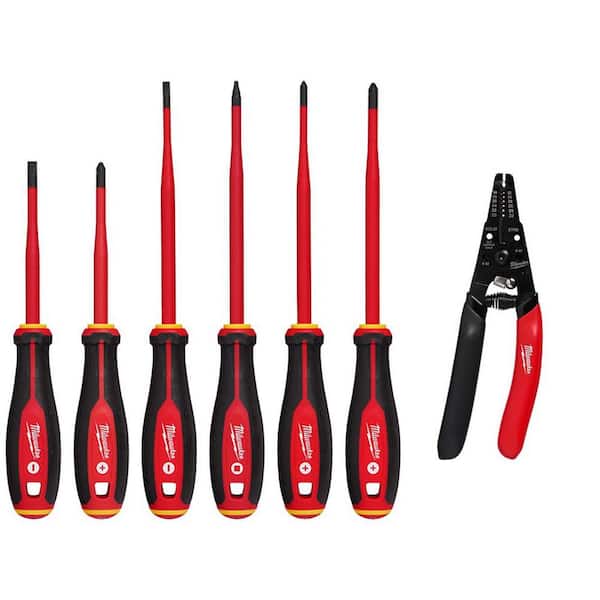 Milwaukee 1000-Volt Insulated Slim Tip Screwdriver Set with 20-32 AWG Low Voltage Dipped Grip Wire Stripper and Cutter (7-Piece)