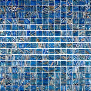 Celestial Glossy Yale Blue and Gold 12 in. x 12 in. Glass Mosaic Wall and Floor Tile (20 sq. ft./case) (20-pack)