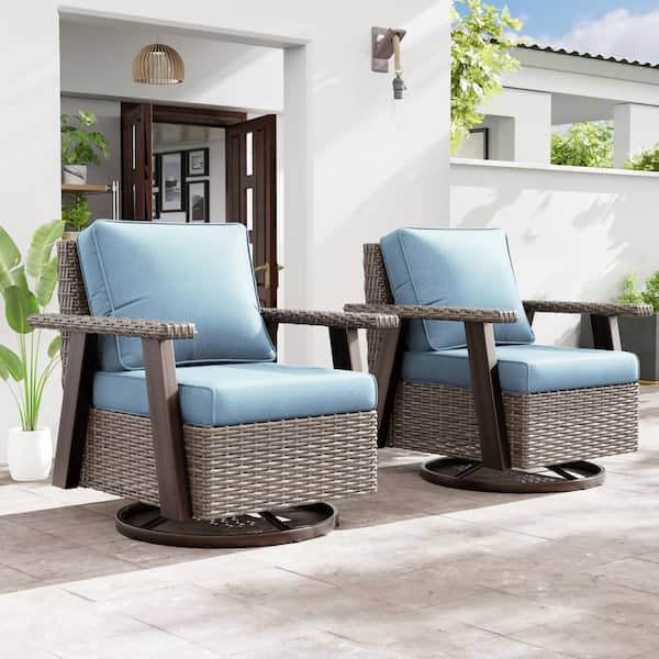 JOYSIDE Wicker Patio Outdoor Rocking Chair Swivel Lounge Chair with Baby Blue Cushion (2-Pack)