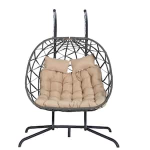 2-Person Dark Gray Outdoor Hanging Chair Wicker Patio Swing Egg Chair with Stand and Khahi Cushion