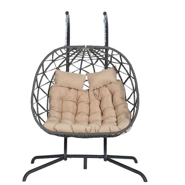 Angel Sar 2-Person Dark Gray Outdoor Hanging Chair Wicker Patio Swing Egg Chair with Stand and Khahi Cushion