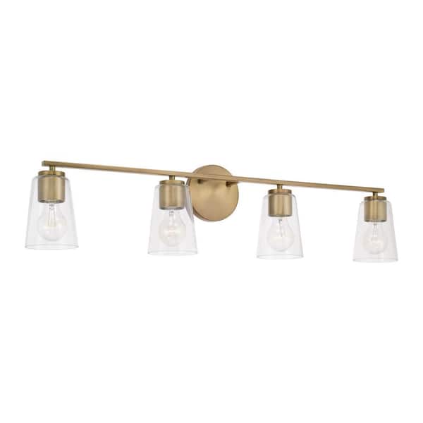 35.25 in. W x 8.25 in. H 4-Light Vanity Light in Aged Brass with Clear Glass
