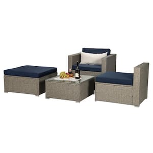 Gray 4-Piece Wicker Patio Conversation Set Outdoor Sectional Sofa with Navy Cushions and Coffee Table