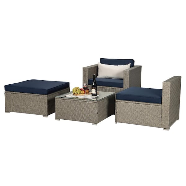 Unbranded Gray 4-Piece Wicker Patio Conversation Set Outdoor Sectional Sofa with Navy Cushions and Coffee Table