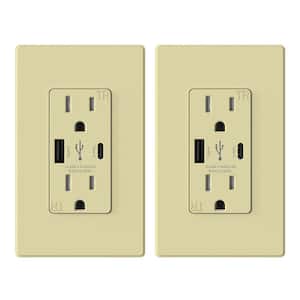 25-Watt 15 Amp Type A and C Dual USB Charger with Duplex Tamper Resistant Outlet, Wall Plate Included, Ivory (2-Pack)