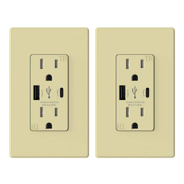 ELEGRP 25-Watt 15 Amp Type A and C Dual USB Charger with Duplex Tamper Resistant Outlet, Wall Plate Included, Ivory (2-Pack)
