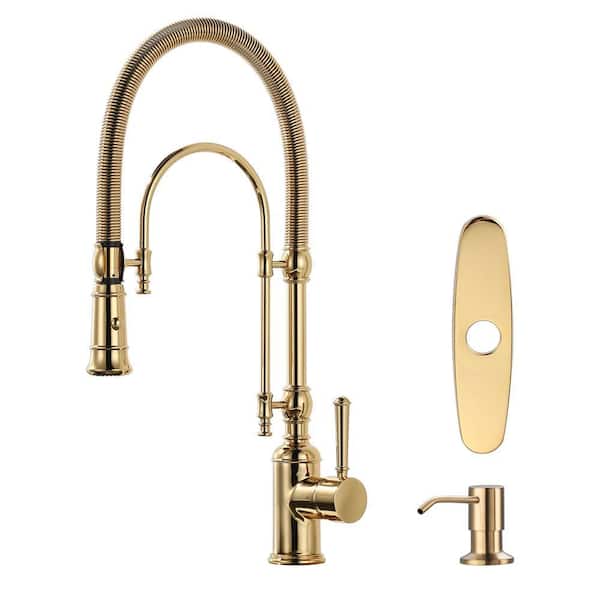 Solid Brass Single Handle Pull Down Sprayer Kitchen Faucet with Soap Dispenser in Gold