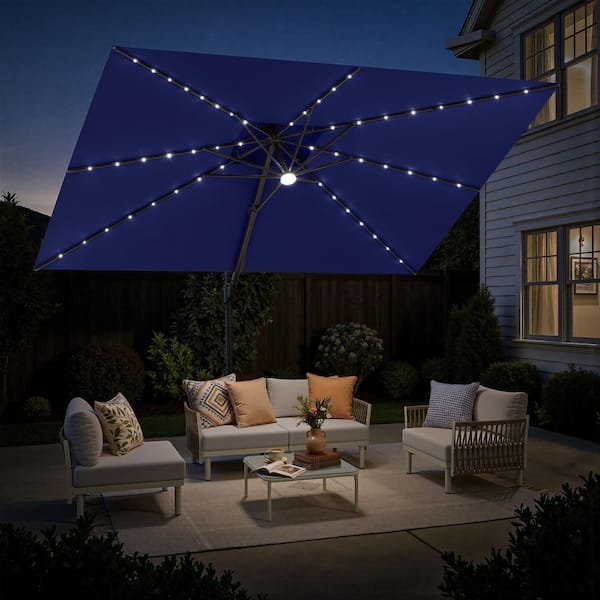 12 foot patio umbrella with lights 12 ft. x 9 ft. Solar Lighted Patio Cantilever Umbrella in Dark Gray Double Top Outdoor Offset Umbrella with Cross Stand