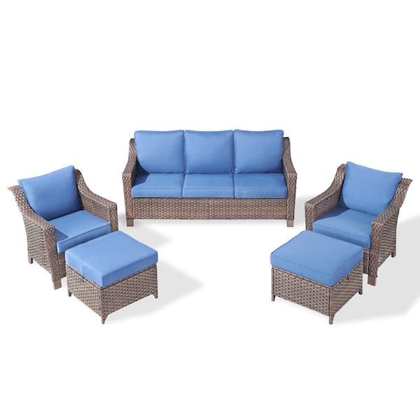 SlideArm Brown 5-Piece Wicker Armchairs Patio Conversation Set, Outdoor Sofa Seating Set with Olefin Navy Blue Cushions
