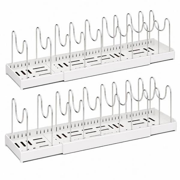 White Expandable Pots Pans Drawer Organizer with Adjustable Stainless Steel Dividers, Ventilated Moisture-Proof Design